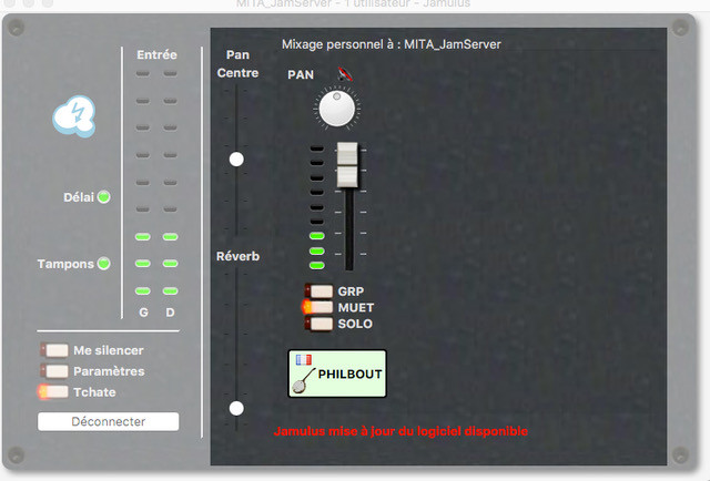 La partie droite se présente sous forme d’une console de mixage, l’écran du mixeur audio affiche chaque utilisateur connecté au serveur.